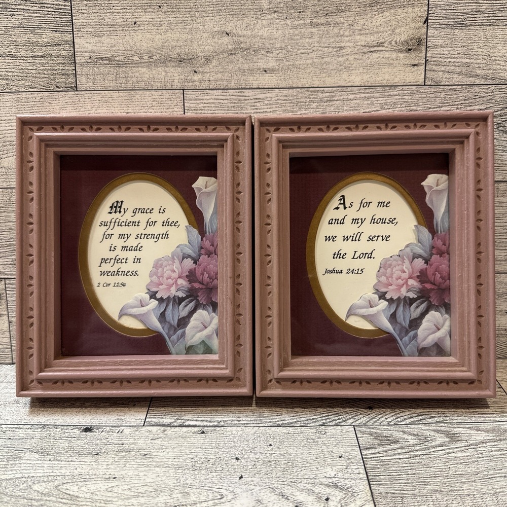 HOMCO Inspirational Bible Verses (Set‎ of 2) Mauve Frame 5x6" *Glass Is Smudged*